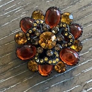 Vintage Floral Brooch with large Amber Cabochon smaller Amber Rhinestones